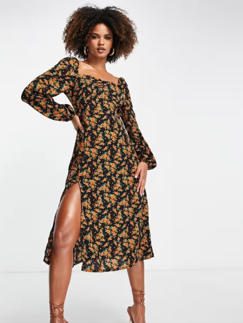 Missguided Black Midi Dress with Orange Floral Print
